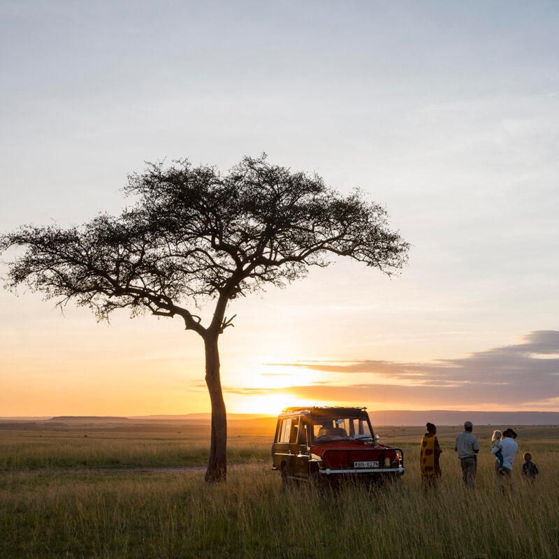 A group enjoys a luxury Kenya family safari at sunset, standing near a tour vehicle and a lone acacia tree.