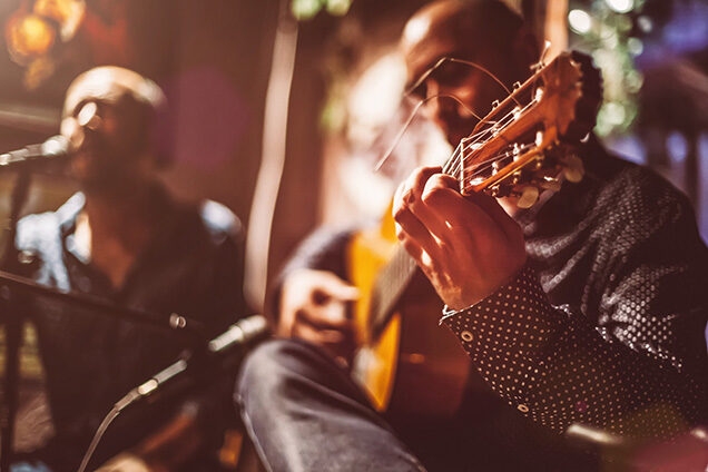 Close-up of a man playing a classical guitar in a dimly lit, soft-focus setting, part of luxury Spain tours.