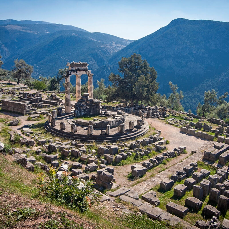 Luxury Greece Tours - Temple of Athena, in Delphi, the ancient ruins of a temple with columns