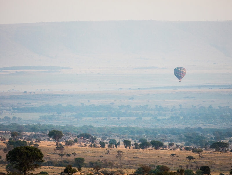 A hot air balloon drifting over African wilderness