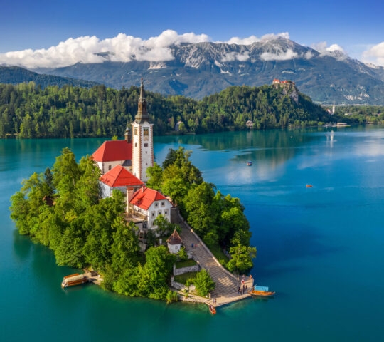 Luxury Grand Tours of Europe - Bled, Slovenia - Aerial view of beautiful Lake Bled (Blejsko Jez