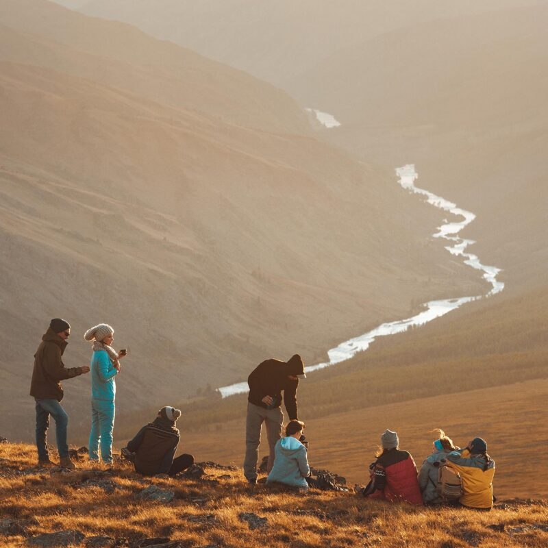 Big group of peoples on mountain top