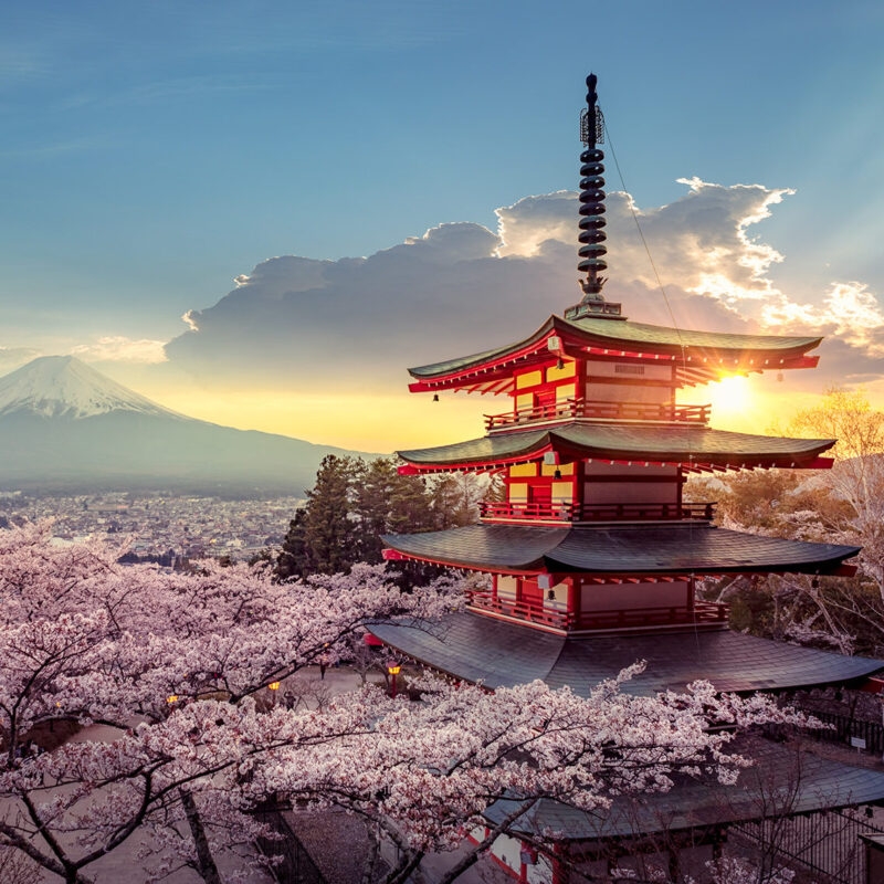 Arts, Culture & History trips - Fujiyoshida, Japan Beautiful view of mountain Fuji and Chureito pagoda at sunset