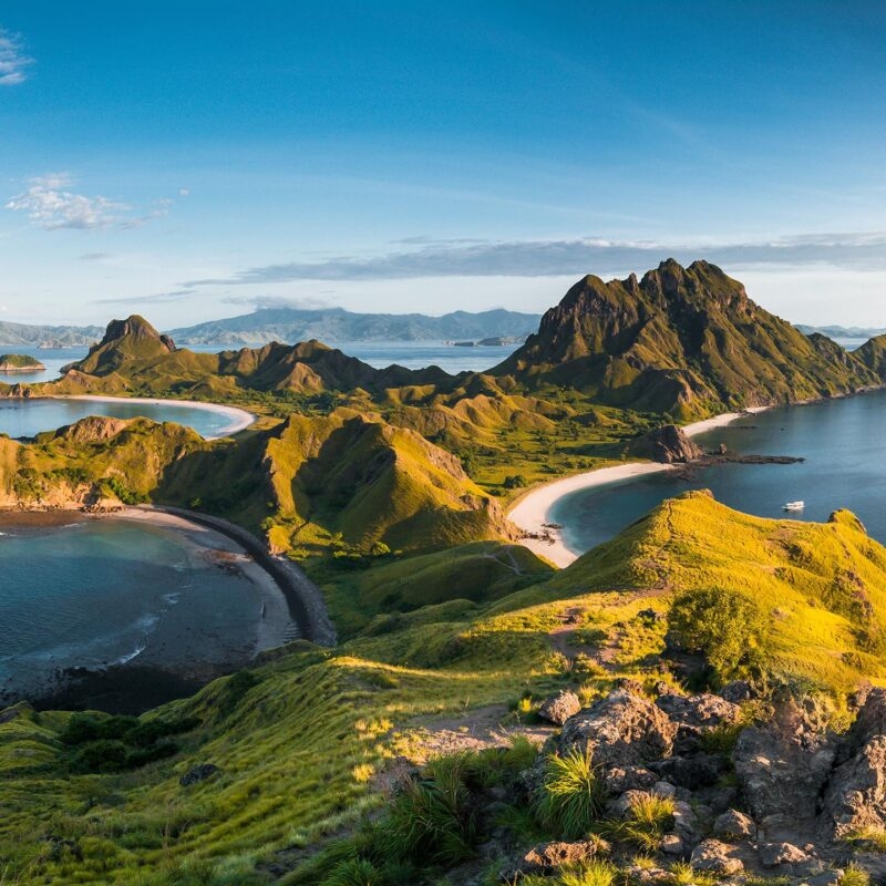Luxury Asia Tours - Top view of 'Padar Island', a dramatic spit of mountainous land and arched sandy coves, in a morning from Komodo Island
