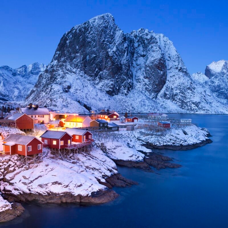 Traditional Norwegian fisherman's cabins, rorbuer, on the island of Hamnøy, Reine on the Lofoten in northern Norway.