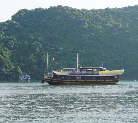 A boat floats along Lan Ha Bay