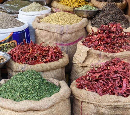 Bags and sacks with spices, seeds, roots for sale at local market in Bikaner. Rajasthan. India