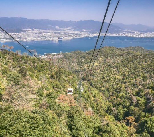 Cable cars descend over dense green forested mountains, with a view of a city coastline and the blue sea in the distance.