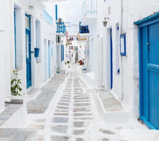Traditional whitewashed street of Mykonos town
