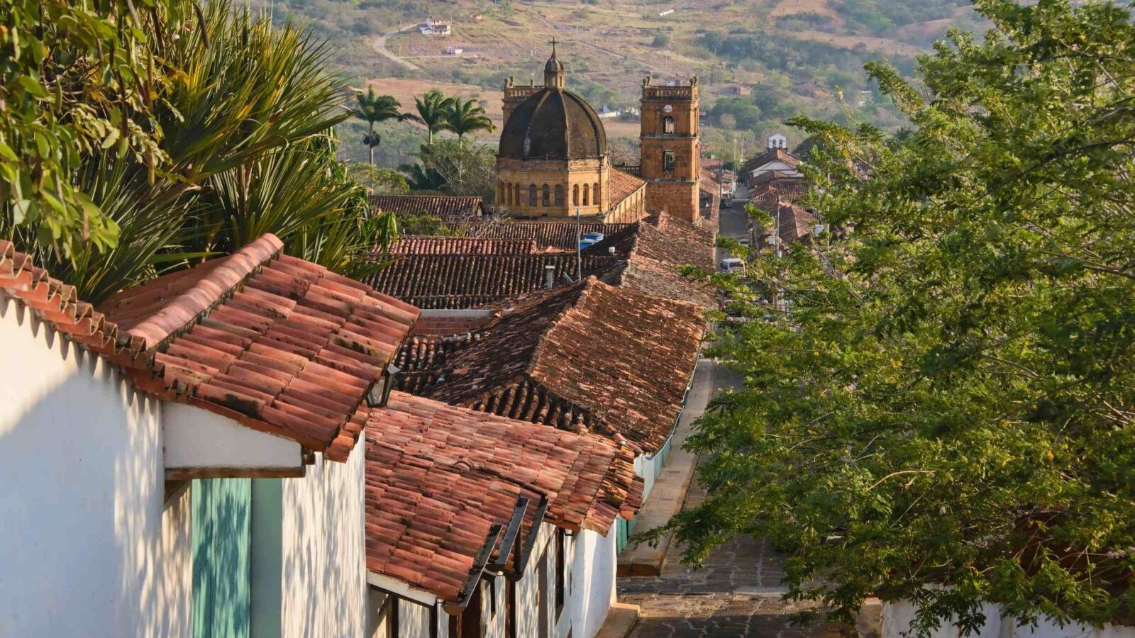 Red tiled roofs and cobblestone streets, Barichara, Santander, Colombia
