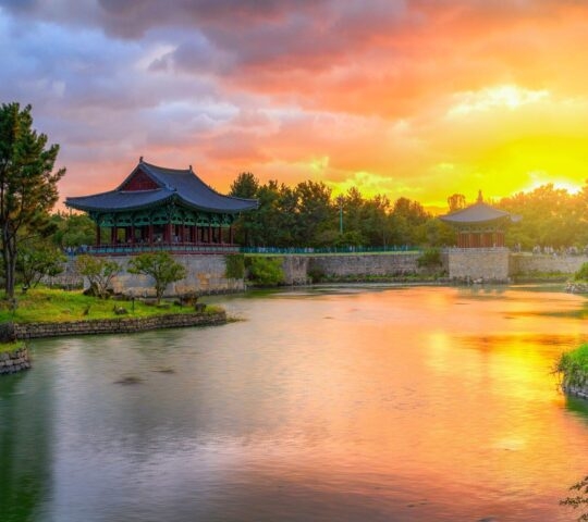 Anapji sunset at Donggung Palace and Wolji Pond in gyeongju national park, South Korea