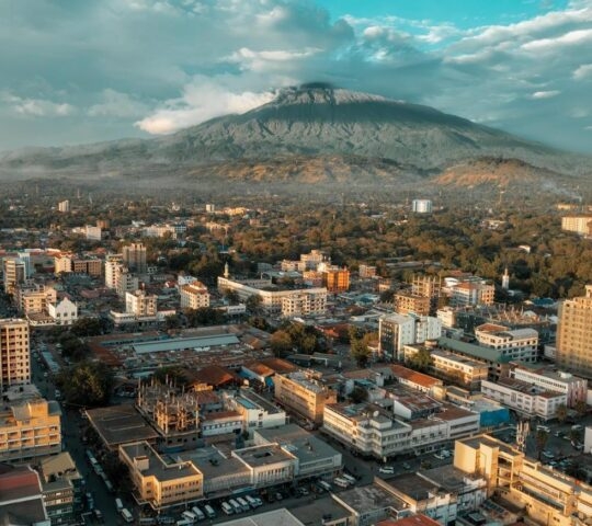 Aerial view of Arusha City in front of Mount Meru, Tanzania