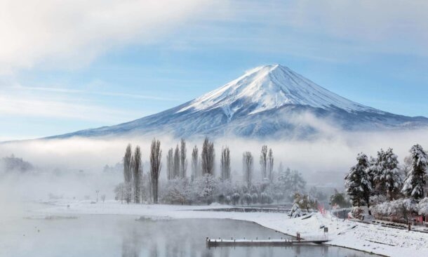 Mountain fuji and lake kawaguchi in the snow