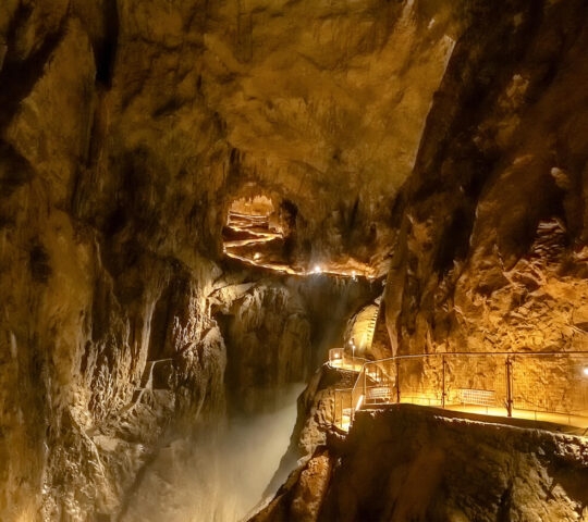 Inside Skocjan Cave in Slovenia, an amazing and expansive karst cave sculpted by the Reka River. A popular tourist destination of Slovenia.