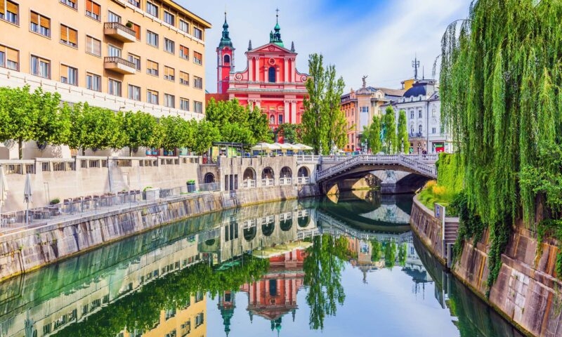 Ljubljana, Slovenia. Cityscape on Ljubljanica river canal in old town.