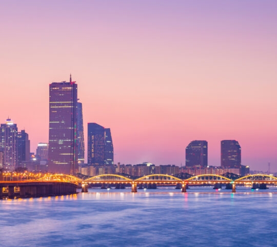 Seoul city and skyscraper, yeouido after sunset, south Korea.