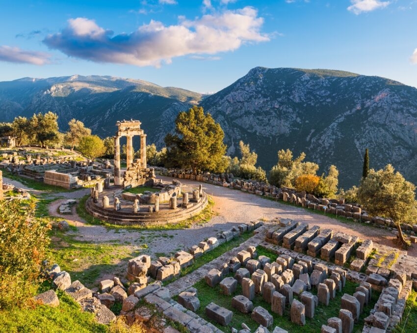 Ruins of the Temple of Athena Pronaia in ancient Delphi, Greece
