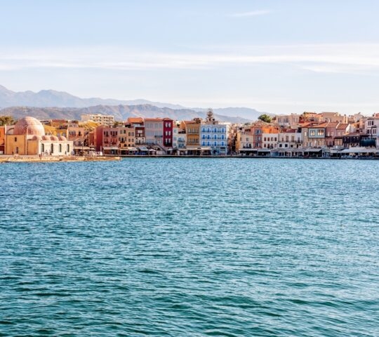 View on old Venetian harbor in Chania city on Crete island, Greece.