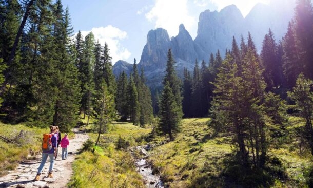 hiking in Puez Odle nature park in the Dolomites, Italy