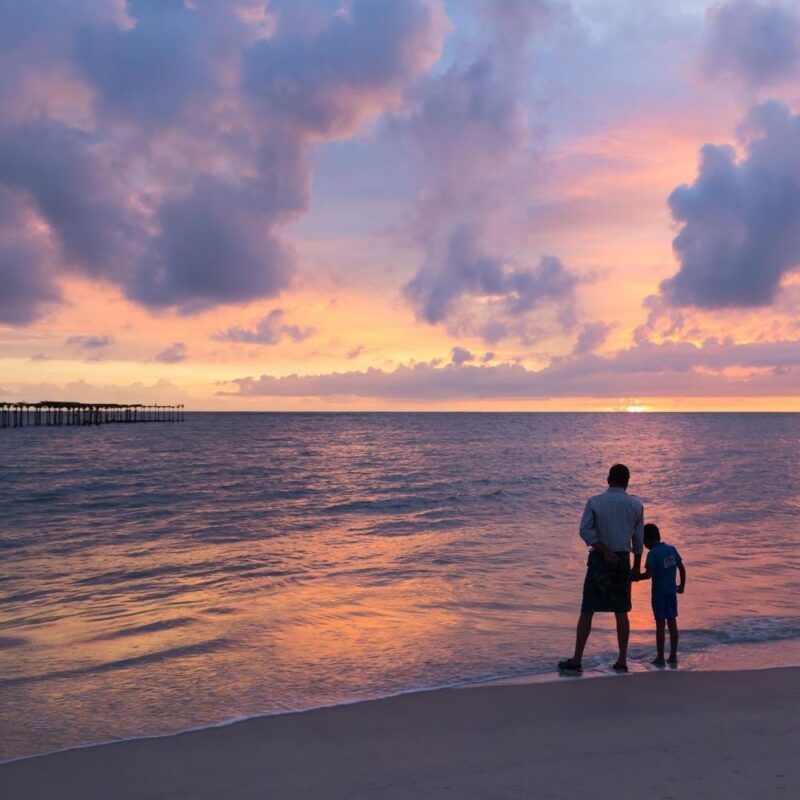 Silhouette of a man and child standing on a beach at sunset under a cloudy purple sky.