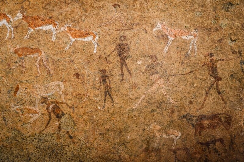 Ancient prehistoric cave painting White Lady of Brandberg dating back at least 2000 years and located at the foot of Brandberg Mountain in Damaraland, Namibia, Africa.