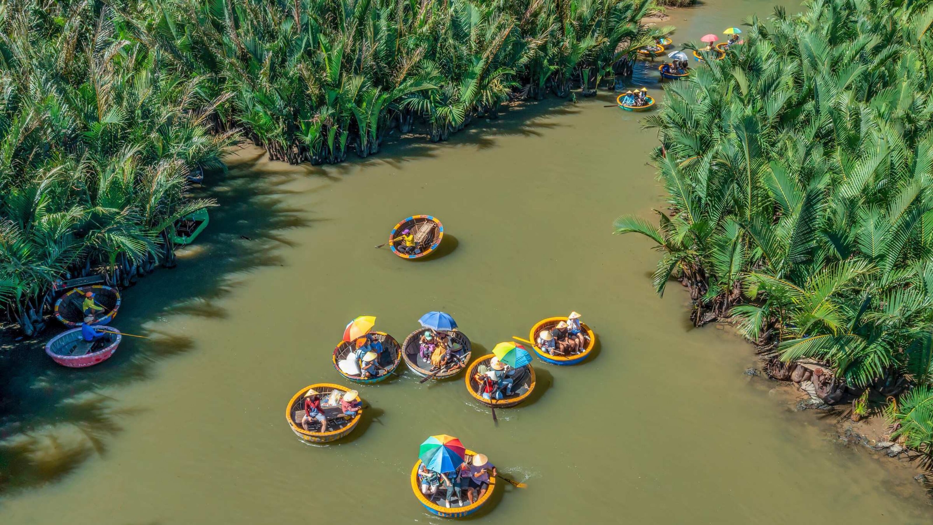 Aerial view of round boats on a river near Hoi An, Vietnam