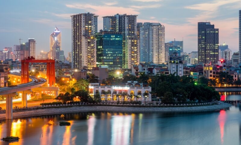 Aerial skyline view of Hanoi. Hanoi cityscape at twilight