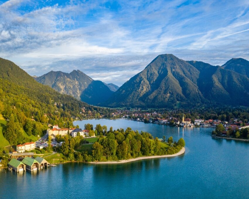 Tegernsee, Germany. Lake Tegernsee in Rottach-Egern (Bavaria), Germany near the Austrian border. Aerial view of the lake "Tegernsee" in the Alps of Bavaria. Bad Wiessee. Tegernsee lake in Bavaria.