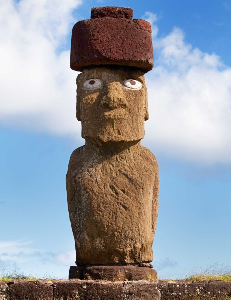 Single Moai statue in front of blue sky easter island