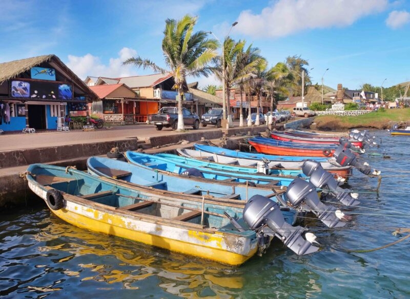 Colorful boats in the port of Hanga Roa in Rapa Nui.