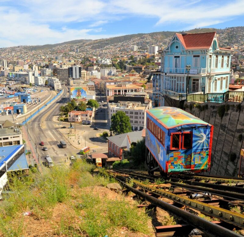 Passenger carriage of funicular railway, one of the oldest in the world, Valparaiso, Chile.