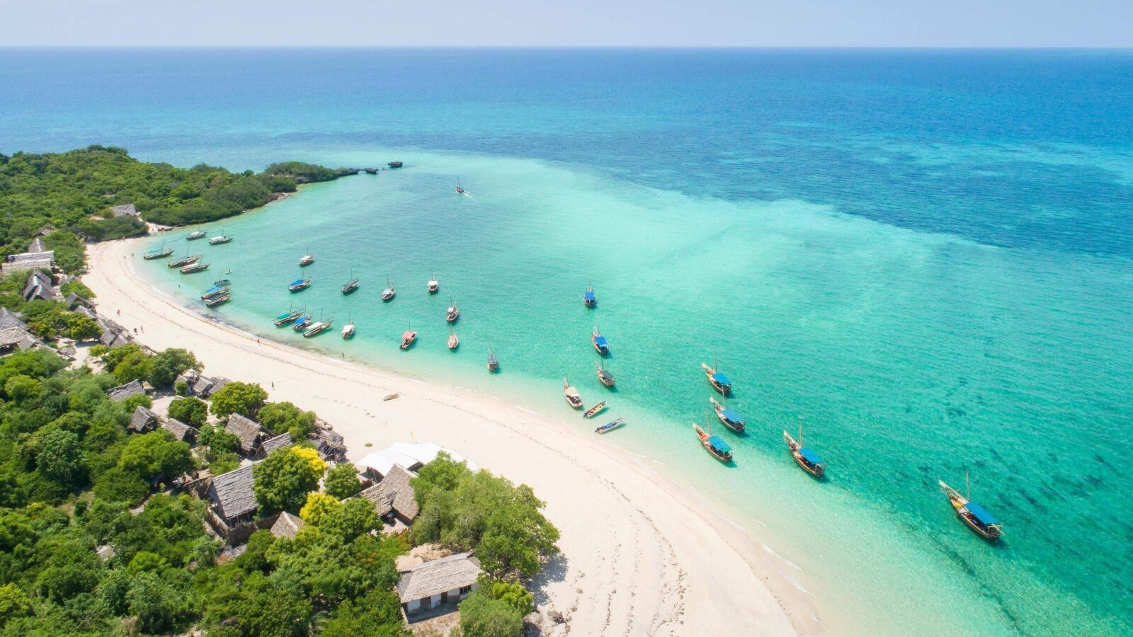 curved coast and beautiful beach with boats on Zanzibar island