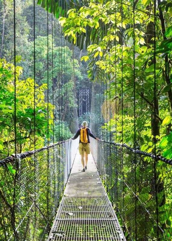 A man walking across a hanging bridge through the rainforest in Arenal, Costa Rica
