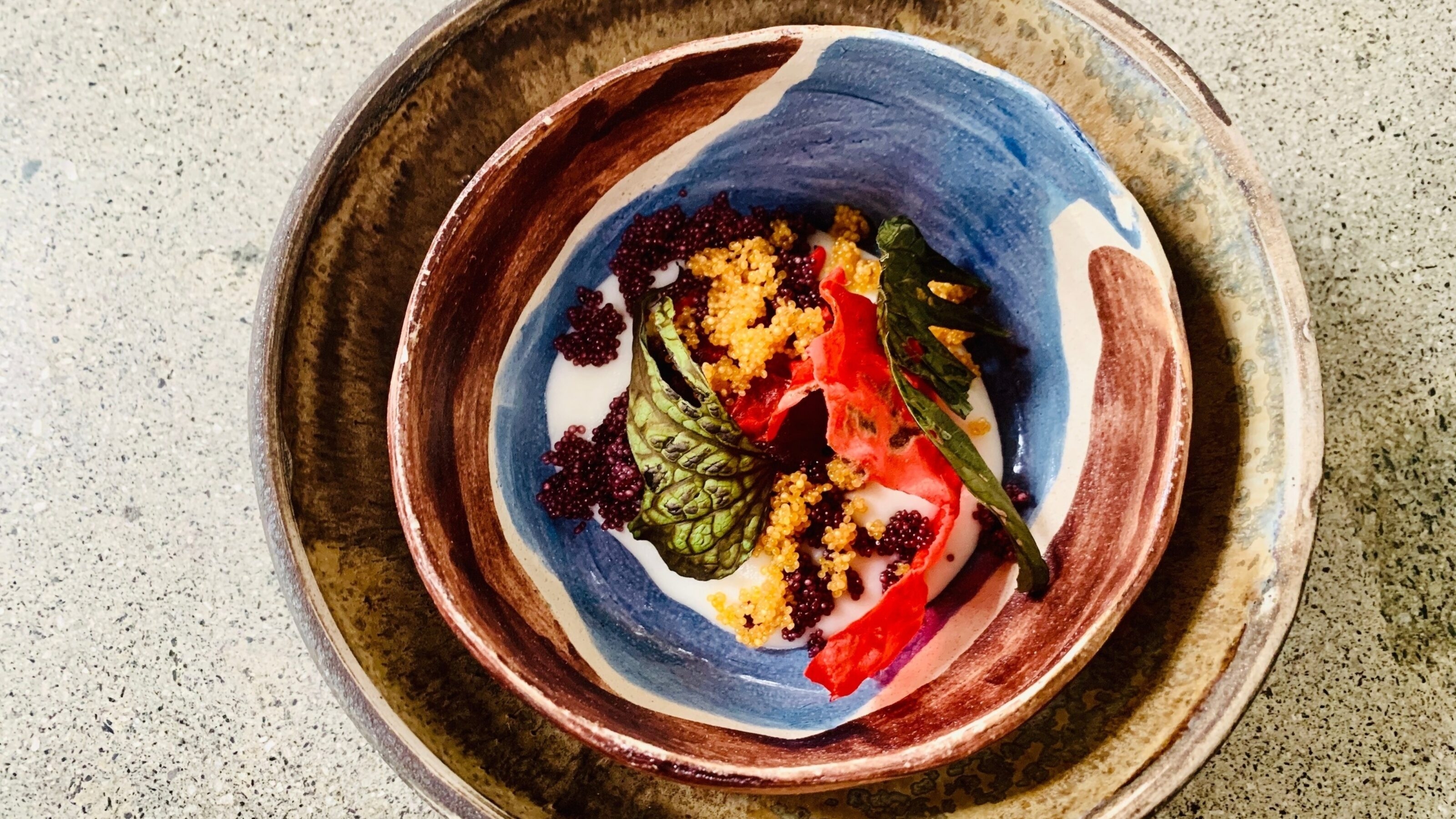 Single dish photo at Central Restaurante at Lima of Peru, name: EXTREME ALTITUDE (Kculli , Kiwichas, Choclo Corn)