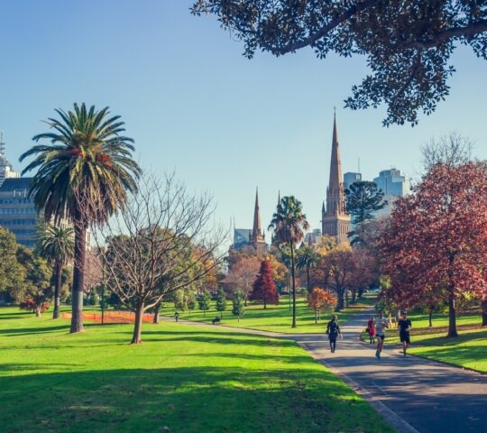 People walking and jogging on a pathway in a lush park with city buildings and spires in the background.