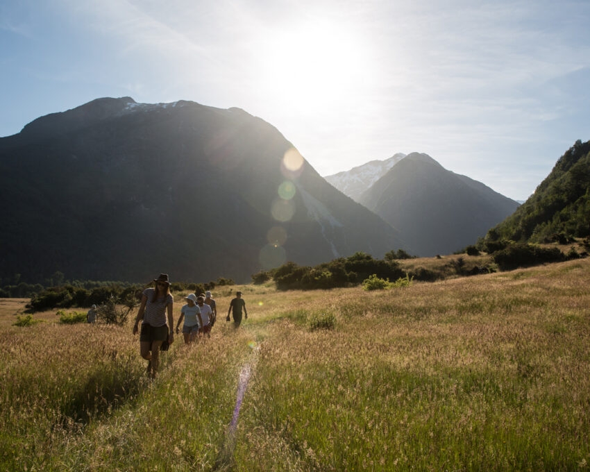 Group hiking in a sunlit mountain valley.