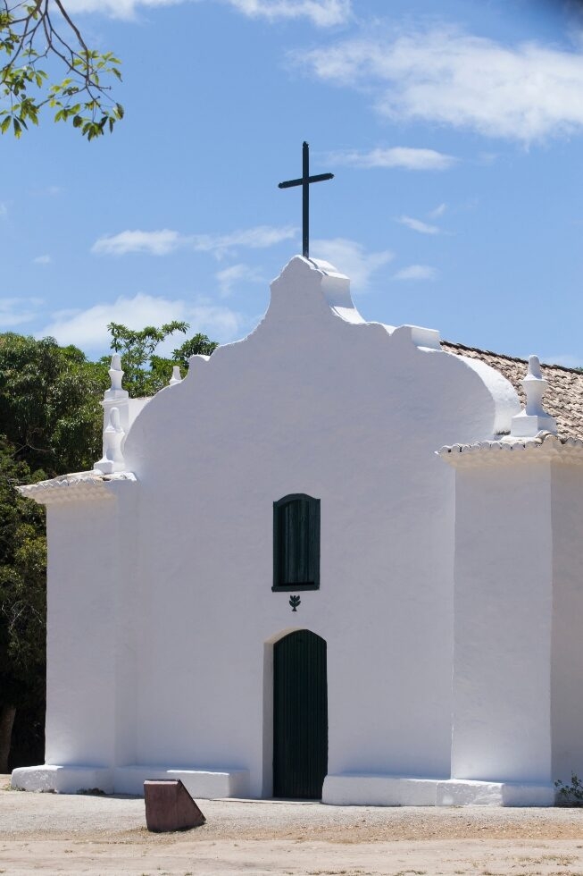Colorful facade of houses of famous Quadrado square. Porto Seguro city, Bahia, Brazil