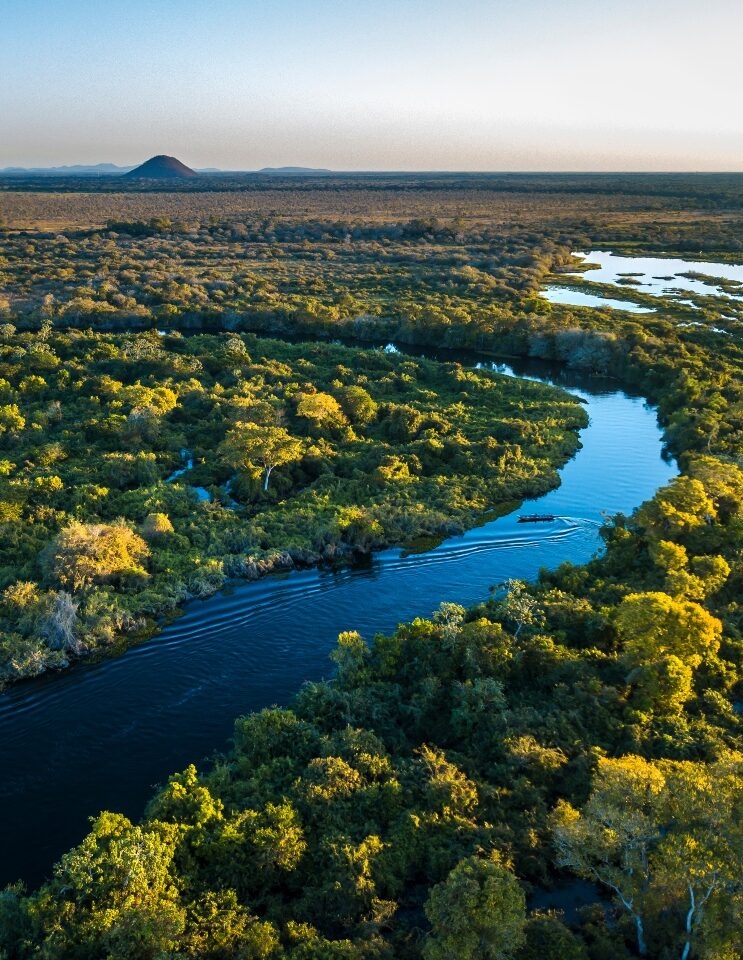 Aerial view of a winding blue river cutting through dense green forest during luxury private Pantanal tours.