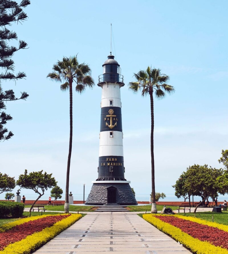 La Marina Lighthouse on a background of sky in the park. Miraflores district, Lima, Peru.