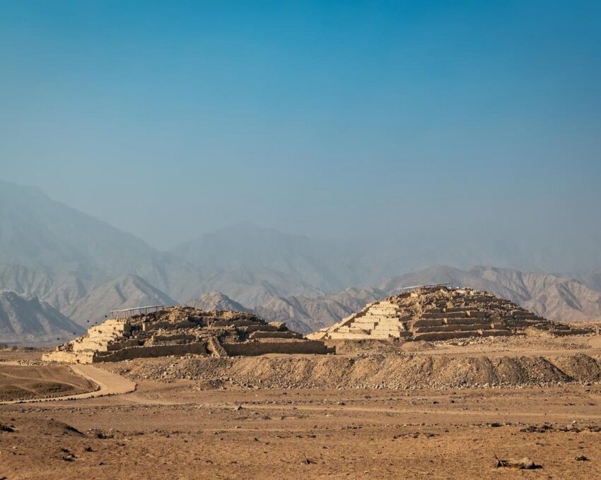Two ancient pyramids in Caral, Peru