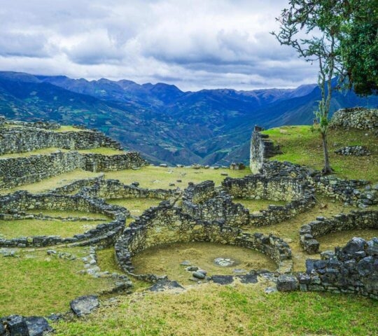 The ruins of round houses at Kuelap fortress near Chachapoyas