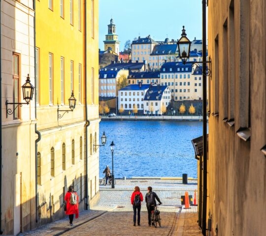 A cobblestone street in a city with pedestrians and buildings leading to a waterfront.
