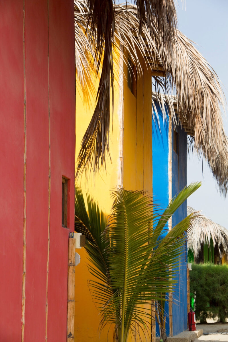 A vibrant tropical scene with colorful buildings and palm trees.