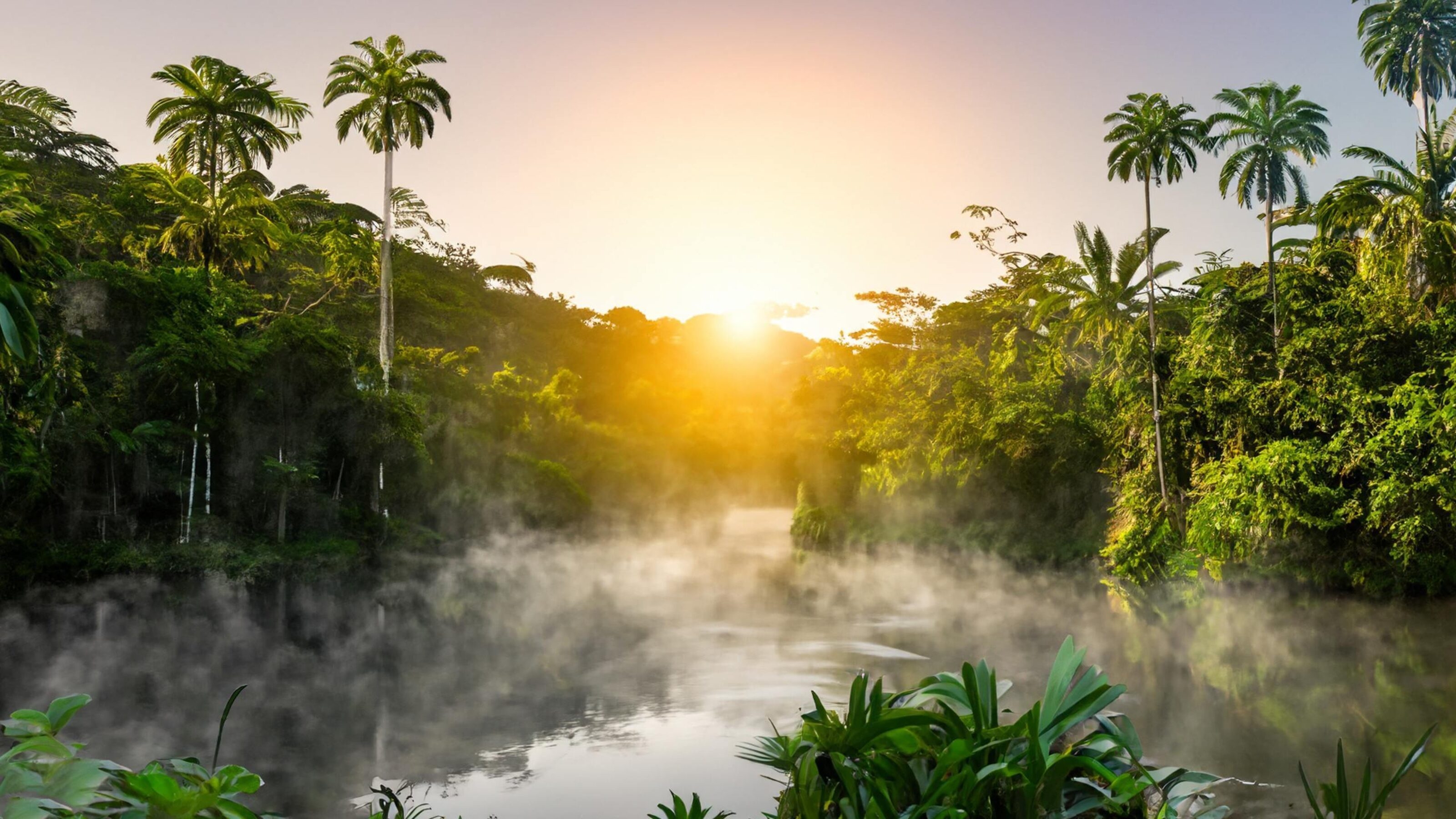 Mist over the Amazon river with trees either side
