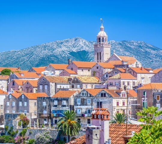 Aerial view of the old city centre of town Korcula, Croatia.