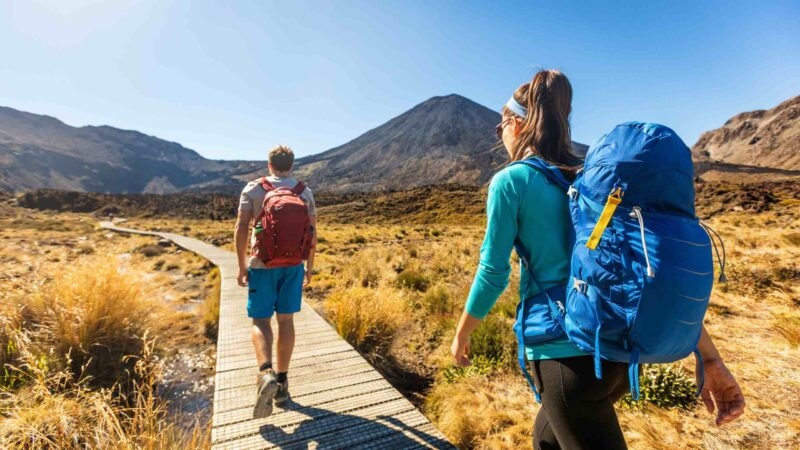 A couple hiking in Tongariro National Park, New Zealand