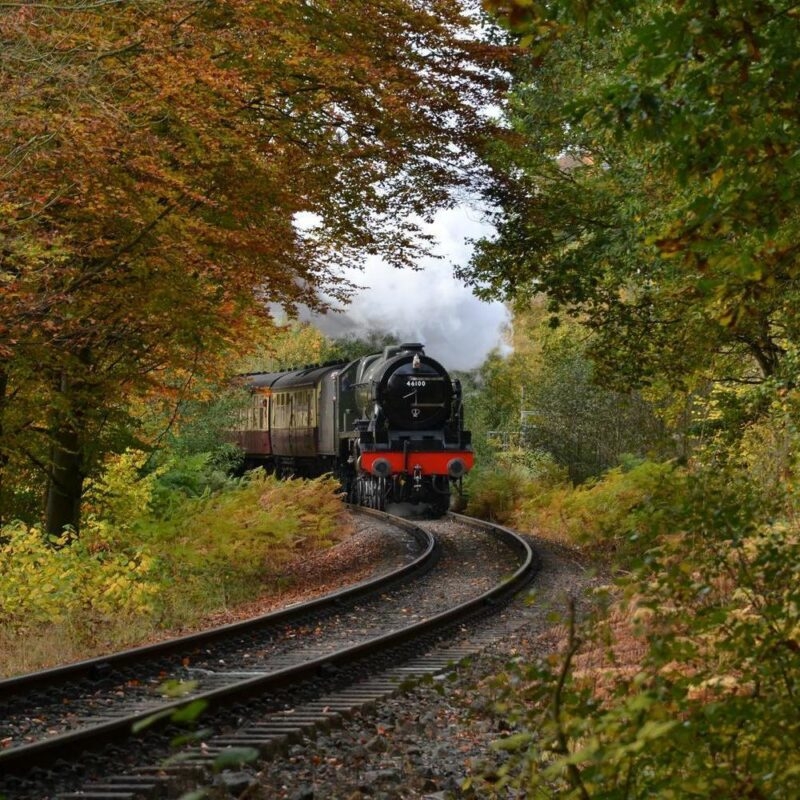 A black steam train curves through a forest tunnel of colorful autumn trees, a romantic scene from luxury Europe rail tours.