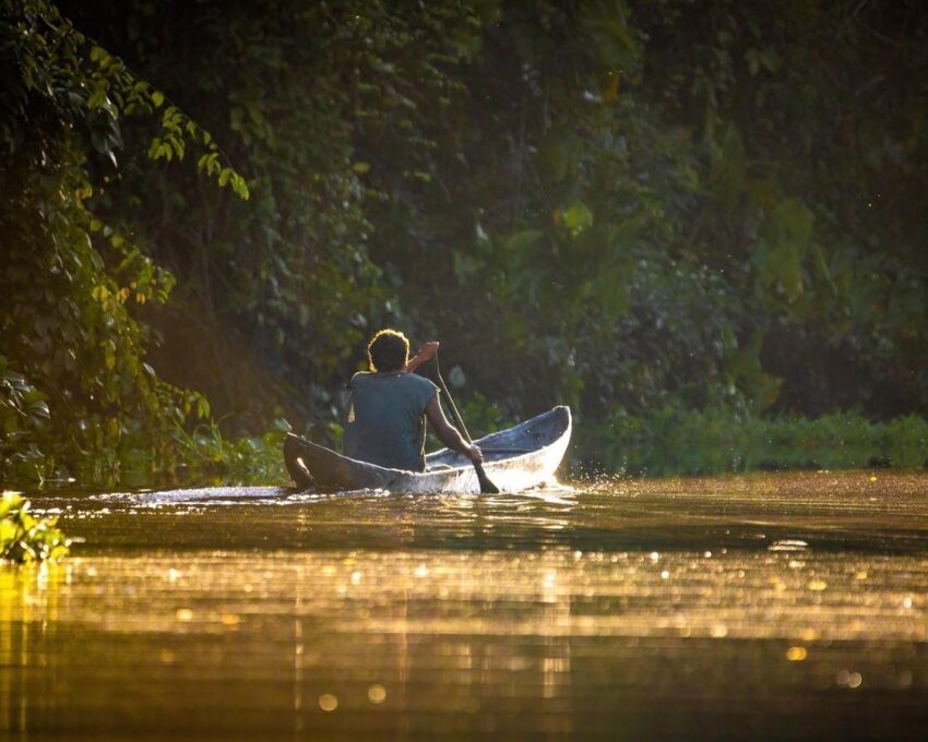 A man paddling a canoe down the Amazon river