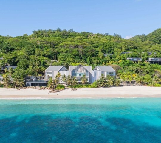 Exterior shot of Cheval Blanc Seychelles from afar.
