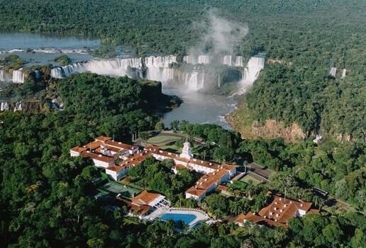 The ocean view from the suite at Copacabana Palace, the spectacular location of Hotel das Cataratas and the tree-lined courtyard at Rosewood São Paulo.